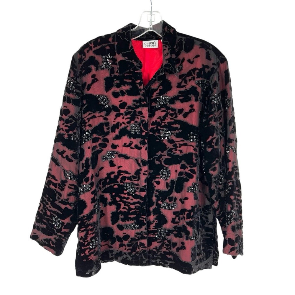Chicos Silk Blend Burnout Velvet Blouse Size 1 Black Sequin Red Lining Medium